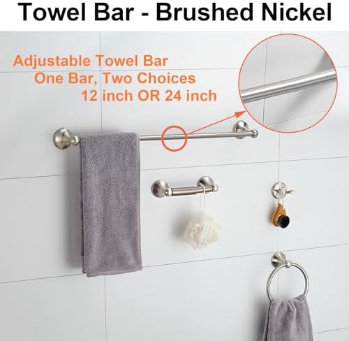BGL 4-Piece Brushed Nickel Bathroom Hardware Set with Adjustable Towel Bar - Image 2