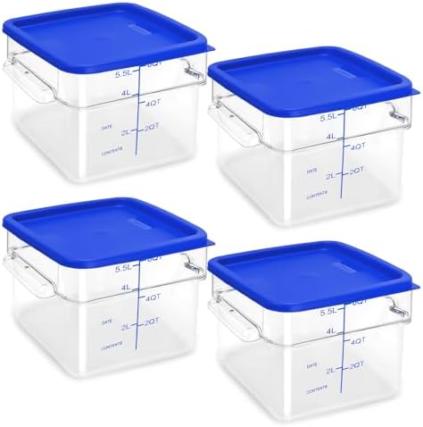4 Pack Food Storage Containers with Blue Lids, 6.0 Qt - Square, Clear, Polycarbonate, for Restaurant Commercial Kitchen and Home party by TSUBOR