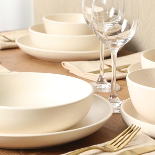 Gibson Elite Leeds Court Plates and Bowls Sets, 16-Piece Stoneware Dinnerware Sets, Cream White, Round Speckle Reactive Glaze Dish Set - Image 2