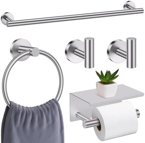 Brushed Nickel Bathroom Hardware Set, 5 Pieces Towel Bar Bathroom Accessories, Upgraded Toilet Paper Holder with Shelf Set, 23.6 Inch Towel Rack Towel Holder for Bathroom Wall by SOAEZ