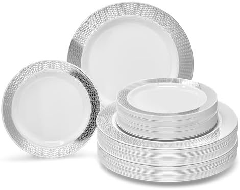 OCCASIONS 100 Plates Pack,(50 Guests) Heavyweight Premium Wedding Party Disposable Plastic Plates Set -50 x 10.5'' Dinner + 50 x 7.5'' Salad/Dessert (Diamond White & Silver) by OCCASIONSFINESTPLASTICTABLEWARE