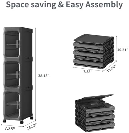 3 Tier Slim Bathroom Storage Cabinet, Foldable and Movable, Black - Image 2