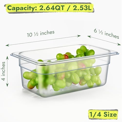 CURTA 6-Pack 1/4 Size 4" Deep NSF Polycarbonate Food Pans with Handled Lids & Drain Trays | Dishwasher & Freezer Safe Clear Container for Prep Tables, Buffet, Salad Bar, Commercial & Home Kitchen - Image 2