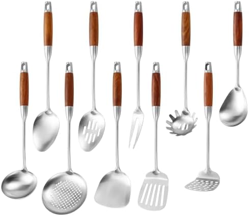 Izurok 18/10 Stainless Steel Kitchen Utensils Set,10 Piece Cooking Utensils With Wood Handle,Heat Resistant Kitchen Tool Set With Spatula,Spoon,Ladle,Skimmer,Slotted Turners,Pasta,Turner,Ladl,Fork by IzurokBuynow