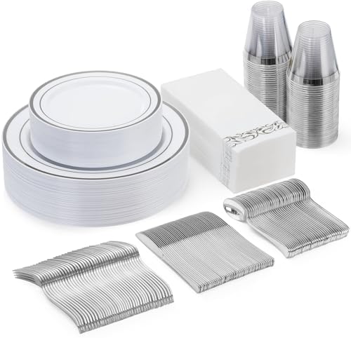Goodluck 175 Pcs Silver Dinnerware Sets for 25 Guests, Disposable Plate Set by GoodLuck