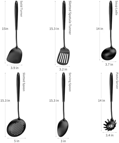 304 Stainless Steel Cooking Utensils,6 Pcs Kitchen Cooking Utensils Set with Spatula, Solid Spoon, Ladle, Skimmer, Spaghetti Spoon,Dishwasher Safe(Black) - Image 2
