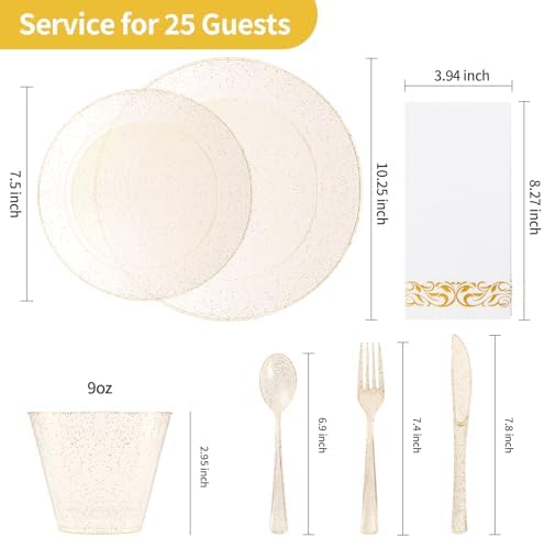 Goodluck 175 Pieces Gold Glitter Disposable Dinnerware Set for 25 Guests - Image 4