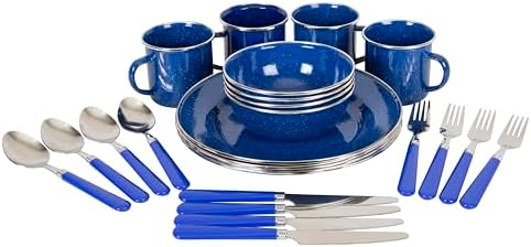 Stansport Deluxe 24-Piece Enamel Tableware Set - Enamel Plates and Bowls Lightweight and Durable Camp Dish Set for Camping and Backpacking Plates and Bowls for 4 People by Stansport