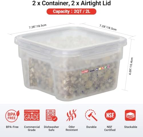 2 Pack 2 QT Commercial Airtight Food Storage Containers, BPA-Free Translucent Polypropylene, Stackable Ingredient Bin for Spices & Seasonings, Tall Model - Image 2