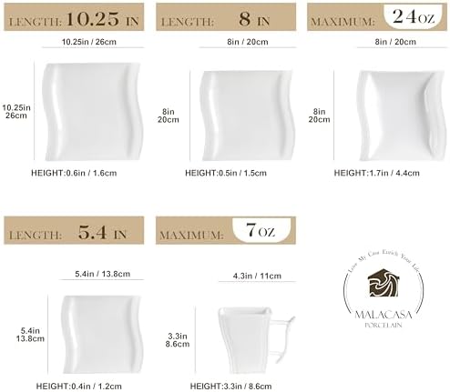MALACASA Ivory White Dinnerware Sets, 30-Piece Porcelain Plates and Bowls Sets, Modern Dish Set for 6, Square Plates Dinnerware Set Kitchen Dishware Sets, Microwave and Dishwasher Safe, Series Flora - Image 2