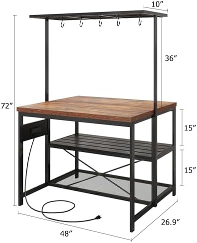GarveeHome 47 in Kitchen Island with Power Outlet & Storage - Large Bakers Rack, Microwave Stand with 3-Tier Shelves & 5 Hooks for Pantry Organization - Image 5