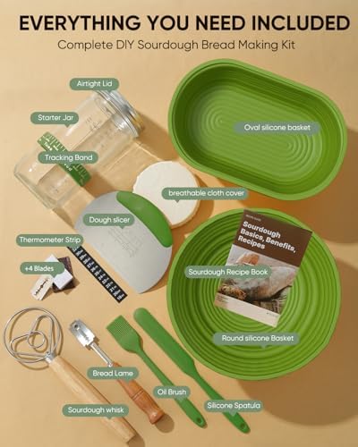 Sourdough Bread Baking Supplies 34 OZ Sourdough starter kit with 2 Bread Proofing Basket - Green - Image 2
