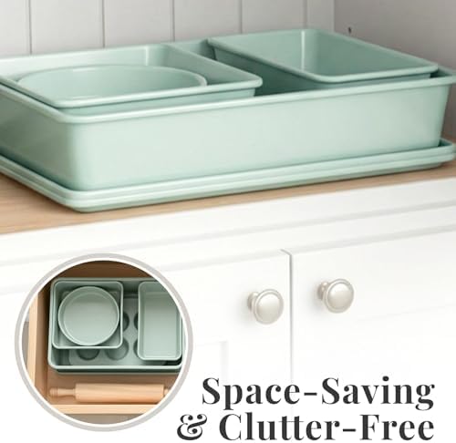 Larder & Vine 8-Piece Stackable Bakeware Set, Ceramic-Coated Nonstick Baking Pan Set, Non-Toxic, with Baking Sheets, Muffin Pan, Loaf Pan & Cake Pans, Sage - Image 6