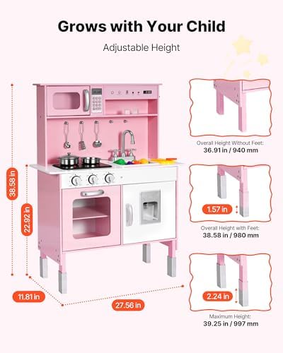 VEVOR Play Kitchen for Kids, Wooden Kids Kitchen Playset with Real Lights & Sounds, Food & Cookware, Pretend Play Toy Set, Microwave, Oven, Clicking Knobs, for Toddlers, Girls & Boys Ages 3-8, Pink - Image 7