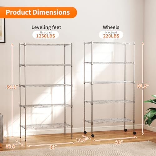 BestOffice | 5-Tier Wire Storage Shelves with Wheels | 14 x 30 x 61 | Chrome | with Adjustable Racks | Heavy-Duty Metal Shelf, Holds Upto 1250 lbs | No-Tool Assembly | Ideal for Home & Garage Shelving - Image 3