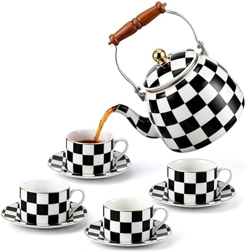 9 Pcs Checkered Teapot Set with Wooden Handle, Black and White Vintage by Patelai
