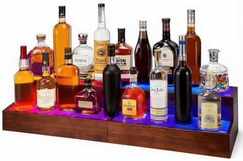 2 Pack LED Liquor Bottle Display Shelf , 2 Tier Real Wood Bar Shelves for Liquor Bottles, Lighted Bar Bottle Display Shelves with Remote, Bottle Organizer for Home Bar, Holds Up to 20 Bottles by THYGIFTREE