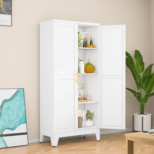 White Kitchen Pantry Cabinets, 48" Metal Storage Cabinet for Office by RISTERN