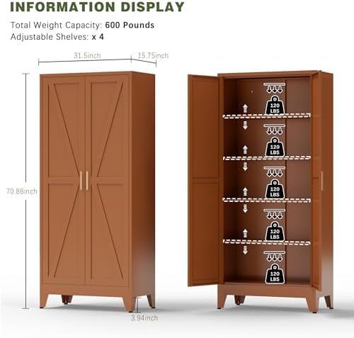 COFaR 5 Tier Metal Kitchen Storage Cabinets, 71" Pantry Cabinet with Doors - Image 3