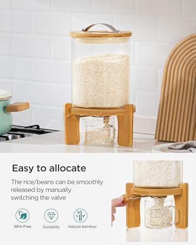 HBlife 5-7 Lbs Glass Rice Dispenser with Wooden Stand Flour and Cereal Container with Glass Measuring Cup Pantry Food Organization Storage Bin with Airtight Bamboo Lid, 3L - Image 4