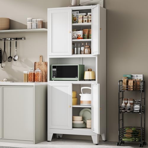 YAUWOH 69" Tall Metal Kitchen Pantry Cabinet with Microwave Shelf, 4 Doors & 3 Adjustable Shelves, Heavy Duty Food Storage Cabinet with Anti-Tip Design for Kitchen,Dining Room (1PC,White) - Image 2