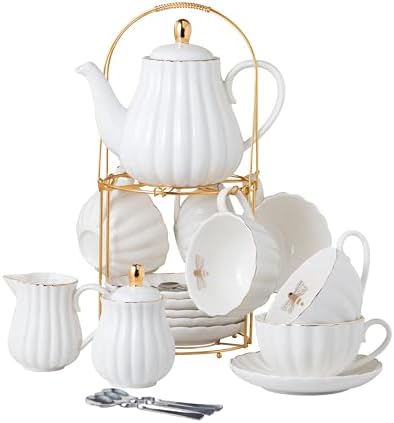 CLAY TONIC- 8 OZ Porcelain White Coffee/Teacup and Saucer Set with Holder by CLAY+TONIC