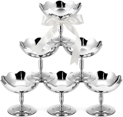 6 Pcs Stainless Steel Ice Cream Bowls Mini Silver Serving Pudding Dessert Cup Sauce Bowls Round Footed Yogurt Snack Candy Cups for Mousse Fruit Salad Wedding Party Favor by Ferrochef