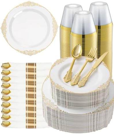 Goodluck 350 Piece Gold Plastic Dinnerware Set for 50 Guests by GoodLuck