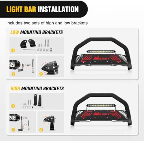 Nilight Bull Bar with LED Light Bar for Ford Ranger 2019-2023 | Includes License Plate Hole Brush Guard, Front Bumper Push Bar w/Grille Skid Plate Light Mount - Image 5