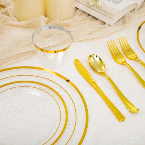 WELLIFE Clear and Gold Plastic Plates, Dinnerware Set for 25 Guests - Image 2