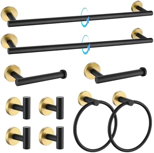 TQKAG Black and Gold Bathroom Hardware Accessories Set 10-Pieces, Premium SUS304 Stainless Steel Bathroom Towel Bar Holder Set 23.6 Inch Round Towel Racks for Bathroom Wall Mounted by TQKAG