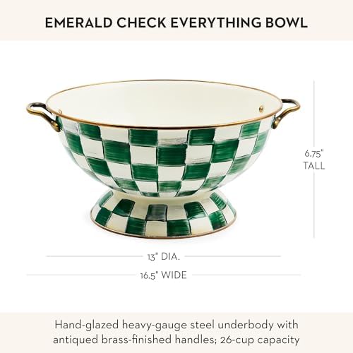 MACKENZIE-CHILDS Enamel Everything Bowl, Decorative Serving Bowl with Handles, 26-Cup Capacity, Green-and-White Emerald Check - Image 4