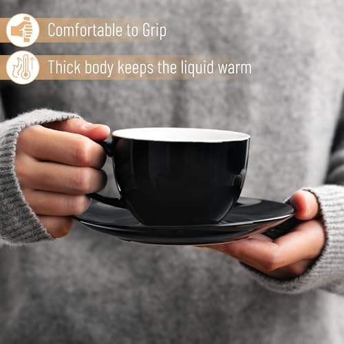 BTaT- Cappuccino Cups with Saucers 6 oz, Set of 6, Black Porcelain Coffee Cup and Saucer Set for Latte, Mocha, Tea, Au Lait, Flat White, Dishwasher, Microwave, Freezer and Oven Safe - Image 5