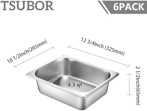 6 Pack Hotel Pans 1/2 Size 2.5" Deep Stainless Steel Steam Table Pan w/Lids - Image 2