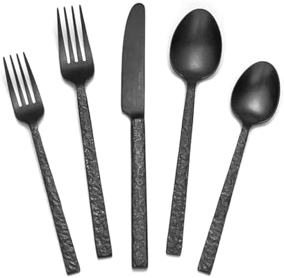 60 Pcs Black Hammered Silverware Set for 12, 18/10 Stainless Steel Flatware by KINGSTONE