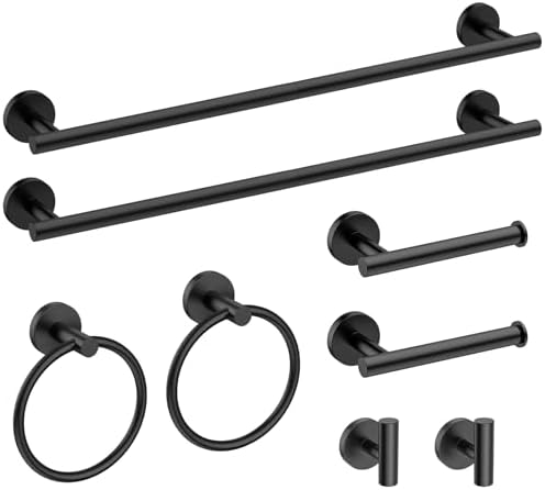 USHOWER 8PCS Matte Black Bathroom Hardware Set, 24-Inch Towel Bar Set by USHOWER