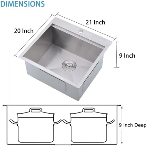 VAPSINT 21x20 Inch Drop In Kitchen Sink Workstation, 21 Inch Topmount Kitchen & Bar Sink 16 Gauge Stainless Steel Handmade Single Bowl Small Kitchen Sinks for RV Wet Prep with Accessories - Image 4