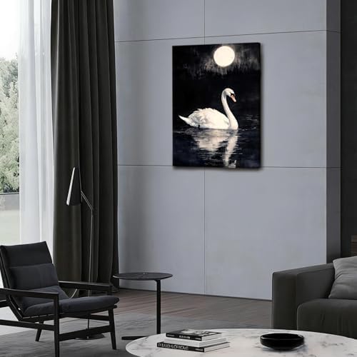 Doqueodas Vintage White Swan on Black Background Canvas Wall Art12x16 inch - Image 5