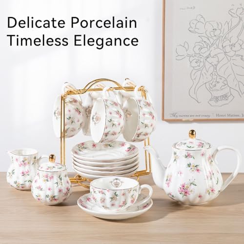 Porcelain Tea Sets British Royal Series, 8 OZ Cups & Saucer Service for 6, with Teapot Sugar Bowl Cream Pitcher Teaspoons and Tea Strainer, Suitable for High Tea, Wedding, Party（Spring Flowers） - Image 3