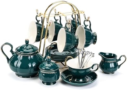 CHENP.HMC Tea Set 22-Piece Porcelain Ceramic Coffee Tea Sets Cups Saucer Service for 6 Teapot Sugar Bowl Creamer Pitcher and Teaspoons Porcelain Tea Set (Dark Green) by CHENPH