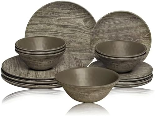 TP 18-Piece Dinnerware Set, Melamine Dishes Set with Bowls and Plates, Service for 6, Non-breakable Lightweight Dining Tableware, Grayish-brown Wood Grain by TastePrime