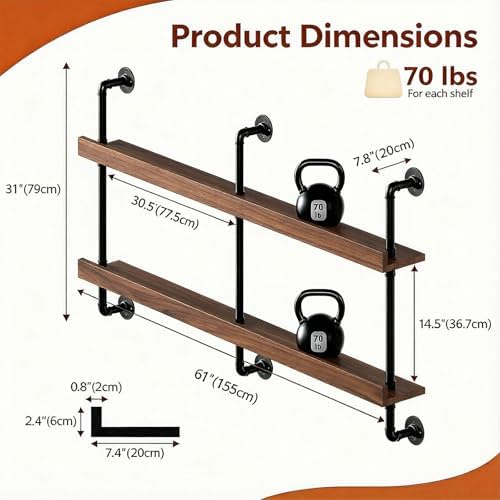 Wall Mounted Wine Rack with LED Light - 2-Tier Solid Wood Industrial Rustic Floating Shelves, Bottle Storage Organizer for Kitchen, Bar, Pub, Cellar, Home Bar (Walnut, 2-155cm/61in) - Image 2