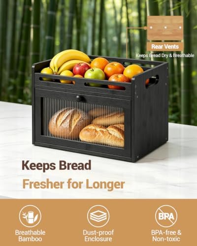 Bread Box for Kitchen Countertop, Bamboo Storage with Top Shelf, Black - Image 5