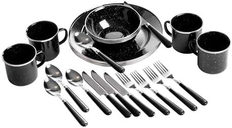 Stansport Deluxe 24-Piece Enamel Tableware Set - Enamel Plates and Bowls Lightweight and Durable Camp Dish Set for Camping and Backpacking Plates and Bowls for 4 People by Stansport
