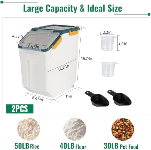 2 Pack Rice Container 50 lbs Large Bulk Flour Sugar StorageHoldhouse Plastic Grain Cereal Dry Goods Bin with Spoon and Measuring Cupfor Kitchen Pantry Organization - Blue - Image 2