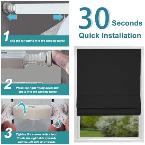Changshade No Drill Roman Shades Cordless Blinds Blackout for Indoor Windows, Room Darkening Black Out Tension Rod No Hardware No Tools Inside Mount, Shade Size 26 Inches Wide 64 Inches High, Black - Image 4
