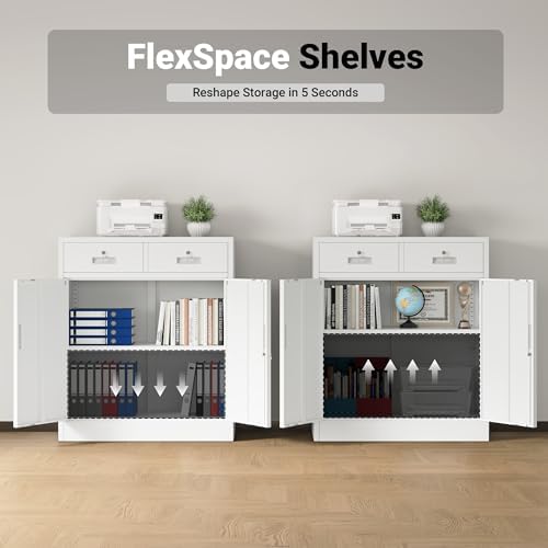 CJF Metal Storage Cabinet, Locking Storage Cabinet with Doors and 2 Drawers, Metal Cabinets for Office/Home/Garage 36" H x 32" W x 16" D (White) - Image 6