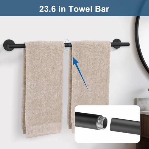 5 Pieces Matte Black Bathroom Hardware Accessories Set, Bathroom 23.6 Inch Towel Bar Set Stainless Steel Toilet Paper Holder Round Towel Racks for Bathroom Wall Mounted - Image 2