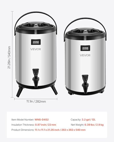 VEVOR Insulated Beverage Dispenser, 3.2 Gal/12L Stainless Steel Thermal Drink Server with Spigot & Temp Display, Suitable for Hot and Cold Drinks, for Tea Coffee Water in Cafes & Restaurants, 2 Pack - Image 7