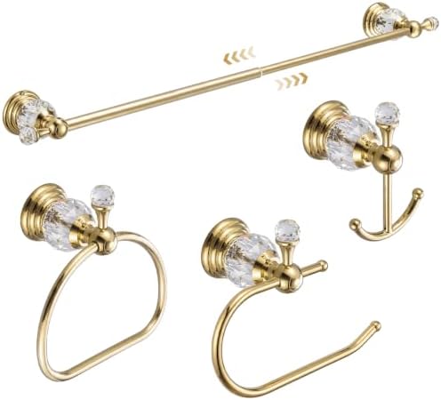 4 Pcs Polished Gold Crystal Bathroom Accessories Set with Adjustable Towel Bar & Semicircular Towel Ring & Toilet Paper Holder & Robe Hook, Luxury Vintage Bath Hardware Fixture Set (style 9) by Otoolling